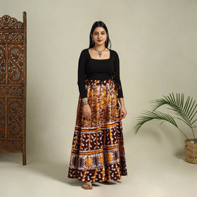Brown Hand Batik Print Running Stitch Cotton Long Skirt