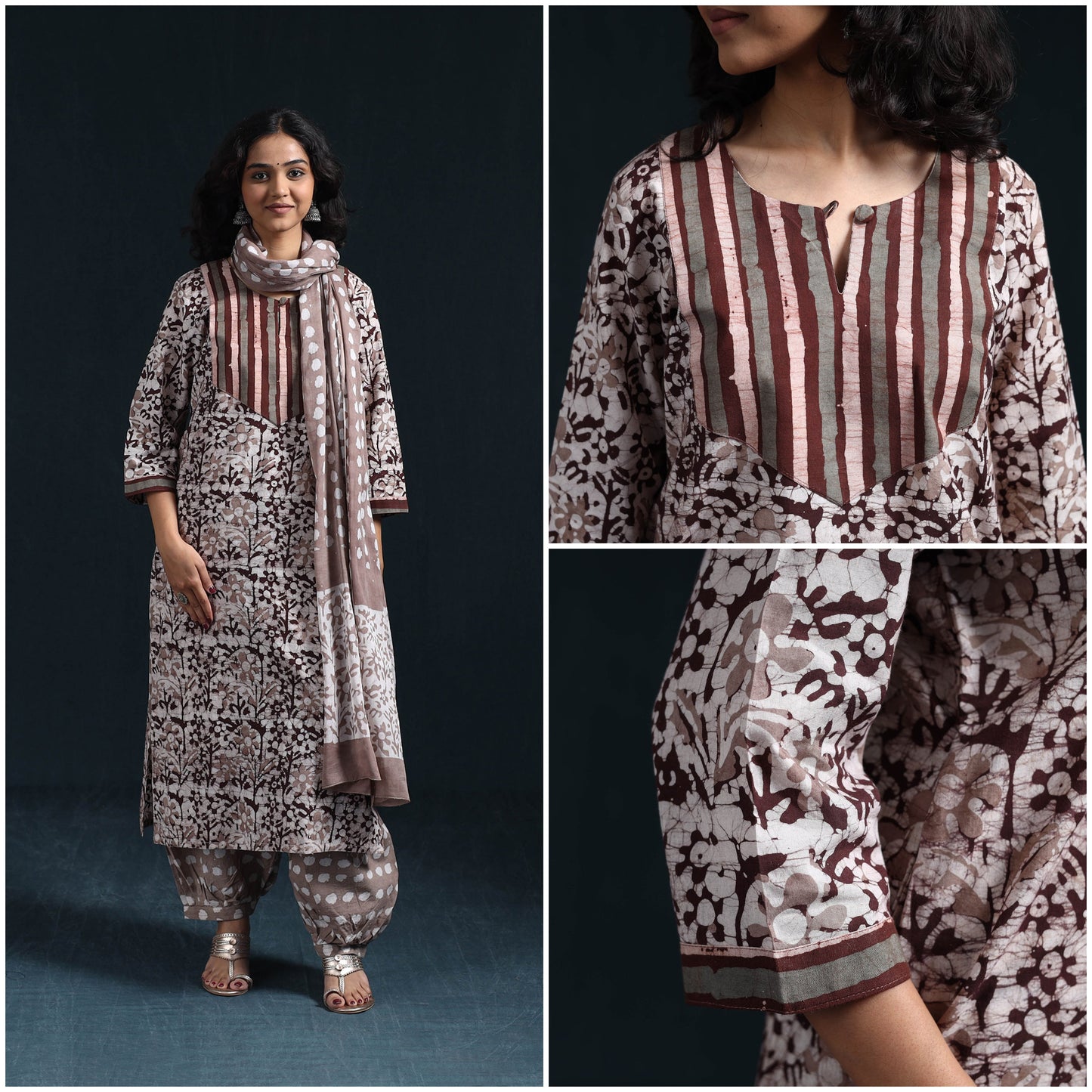 Hand batik cotton suit set with dupatta for women 04