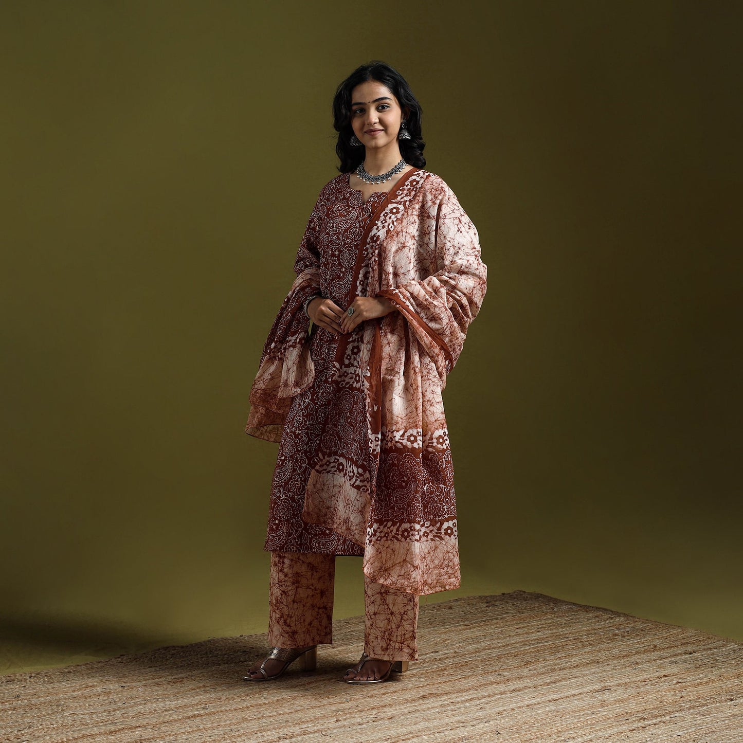 Hand block batik print cotton suit set with dupatta