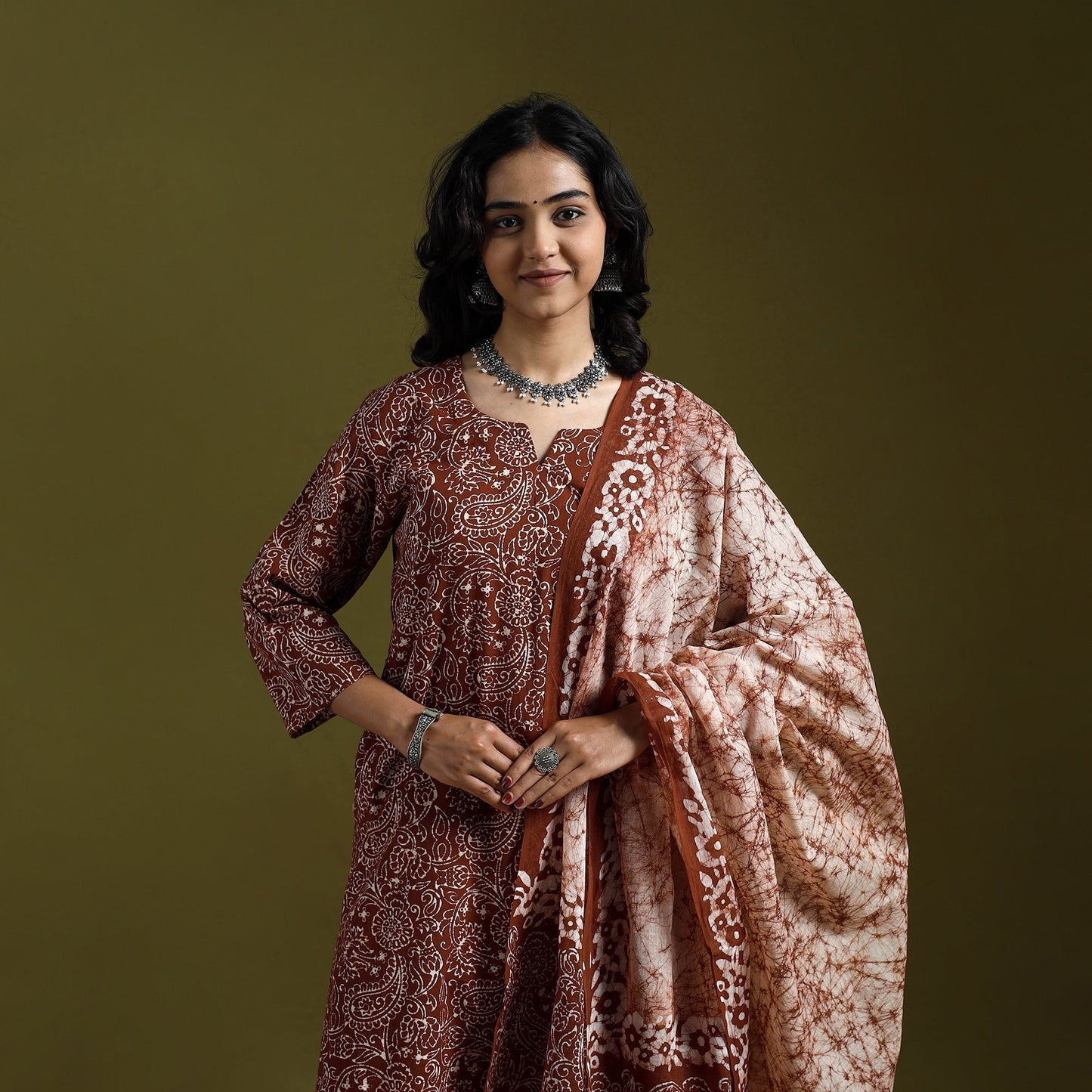 Hand block batik print cotton suit set with dupatta