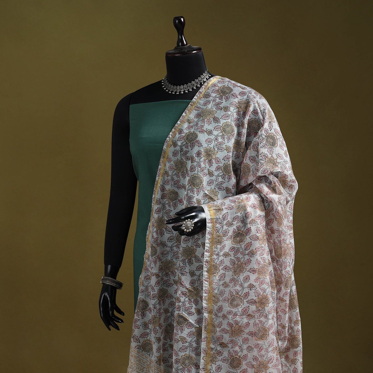 Hand chanderi silk sanganeri floral dupatta 42 - handcrafted