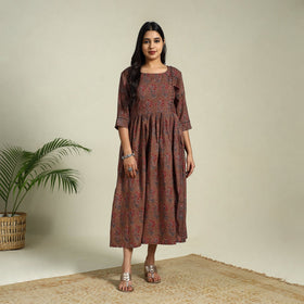  Brown Hand Block Print Cotton Flared Ajrakh Dress