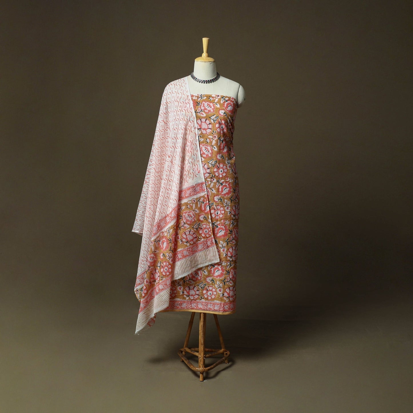 Hand block print cotton sanganeri 3pc unstitched dress