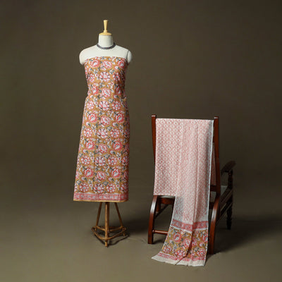 Hand block print cotton sanganeri 3pc unstitched dress