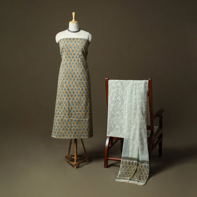 Hand block print cotton sanganeri 3pc unstitched dress