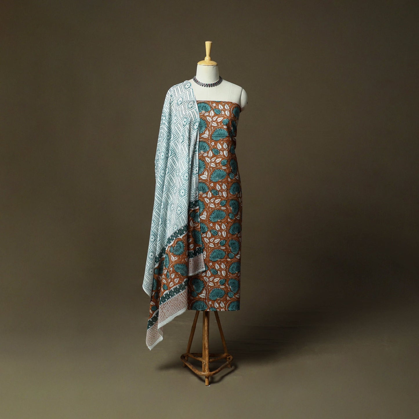 Hand block print cotton sanganeri 3pc unstitched dress