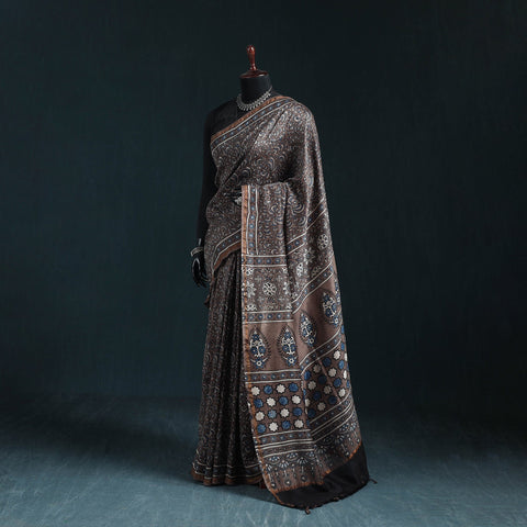 Hand block print natural dyed chanderi silk ajrakh saree 11