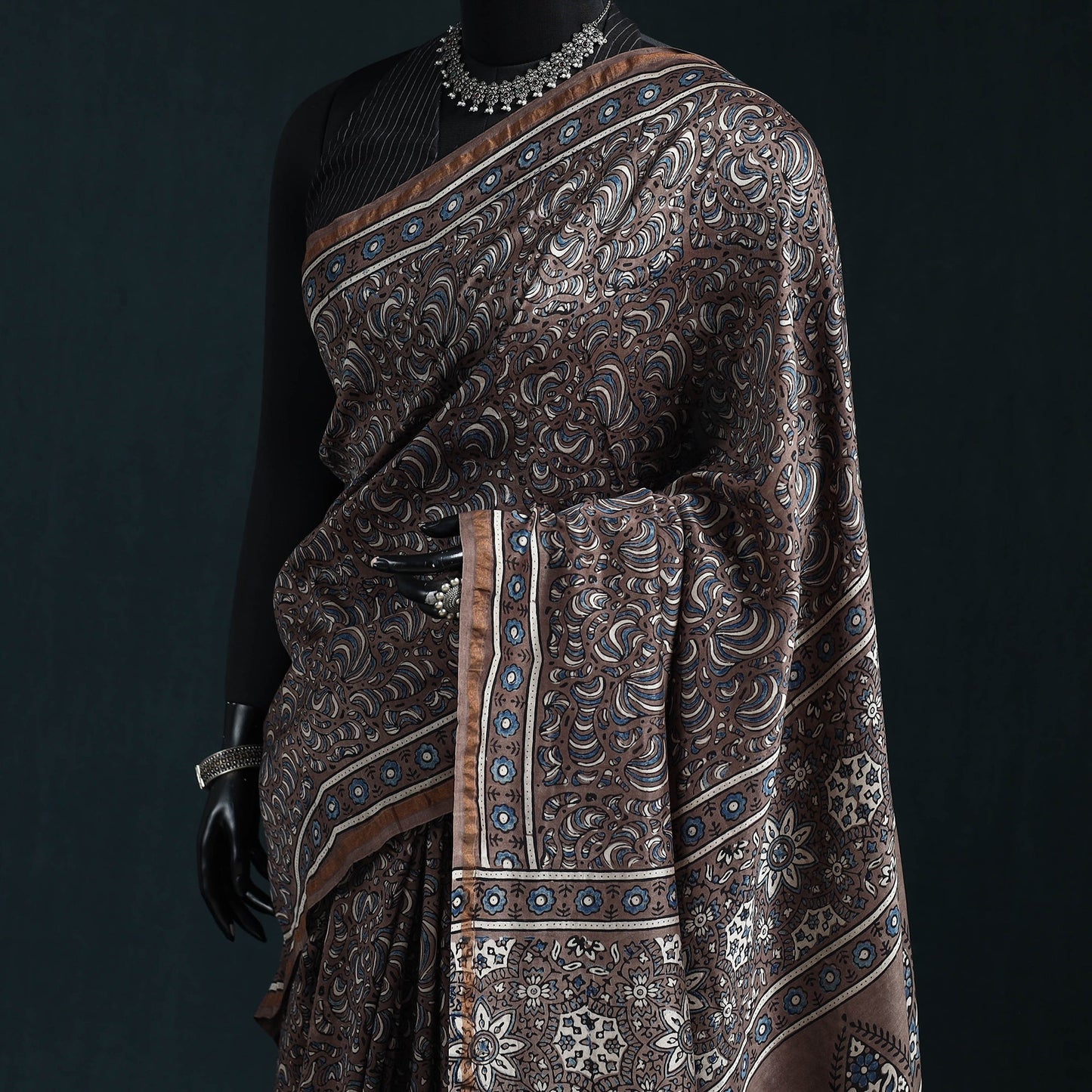 Hand block print natural dyed chanderi silk ajrakh saree 11