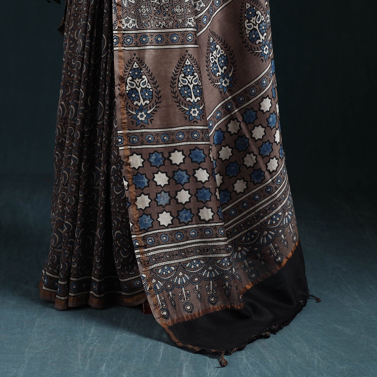 Hand block print natural dyed chanderi silk ajrakh saree 11