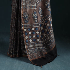 Hand block print natural dyed chanderi silk ajrakh saree 11