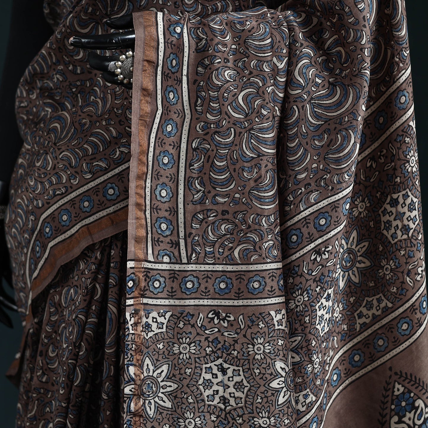 Hand block print natural dyed chanderi silk ajrakh saree 11