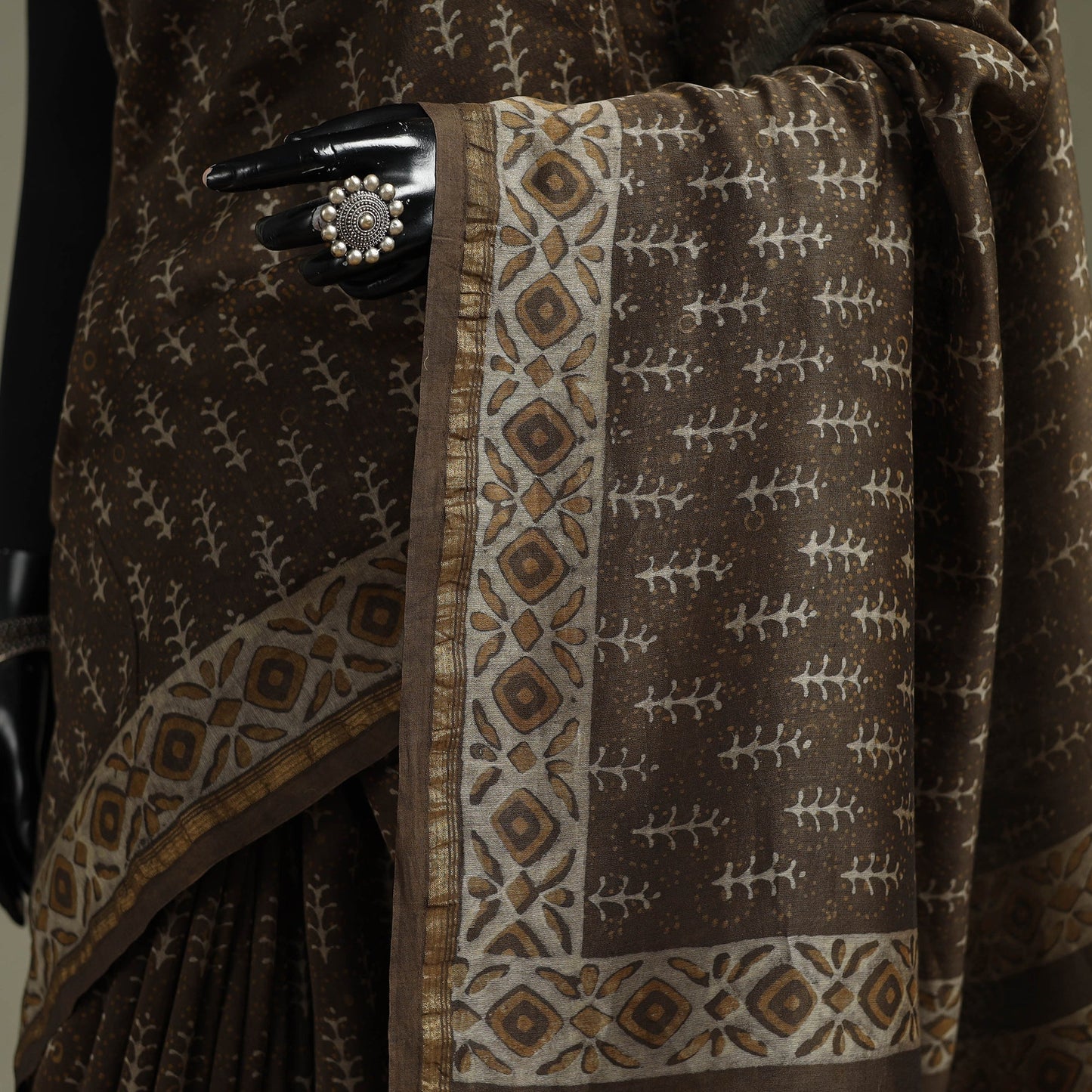 Hand block print natural dyed chanderi silk akola saree 12