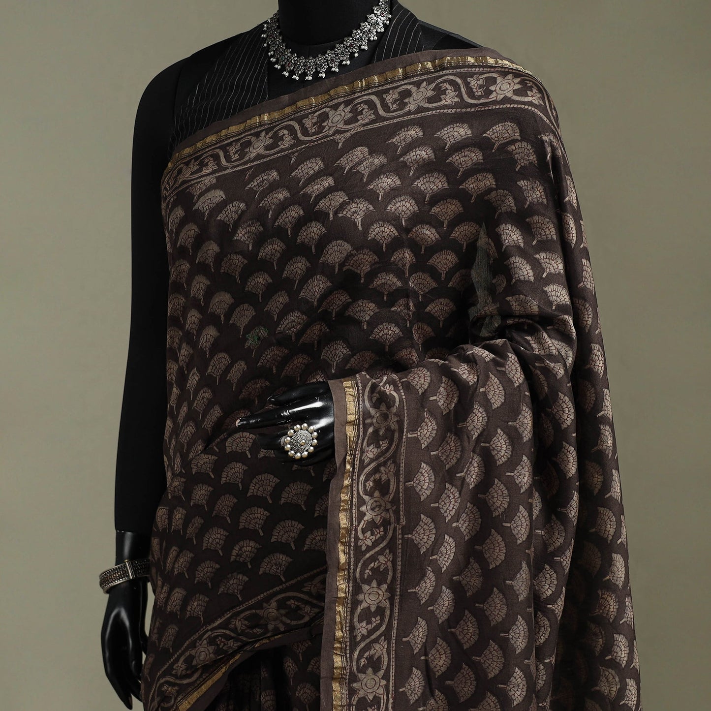 Hand block print natural dyed chanderi silk akola saree 14