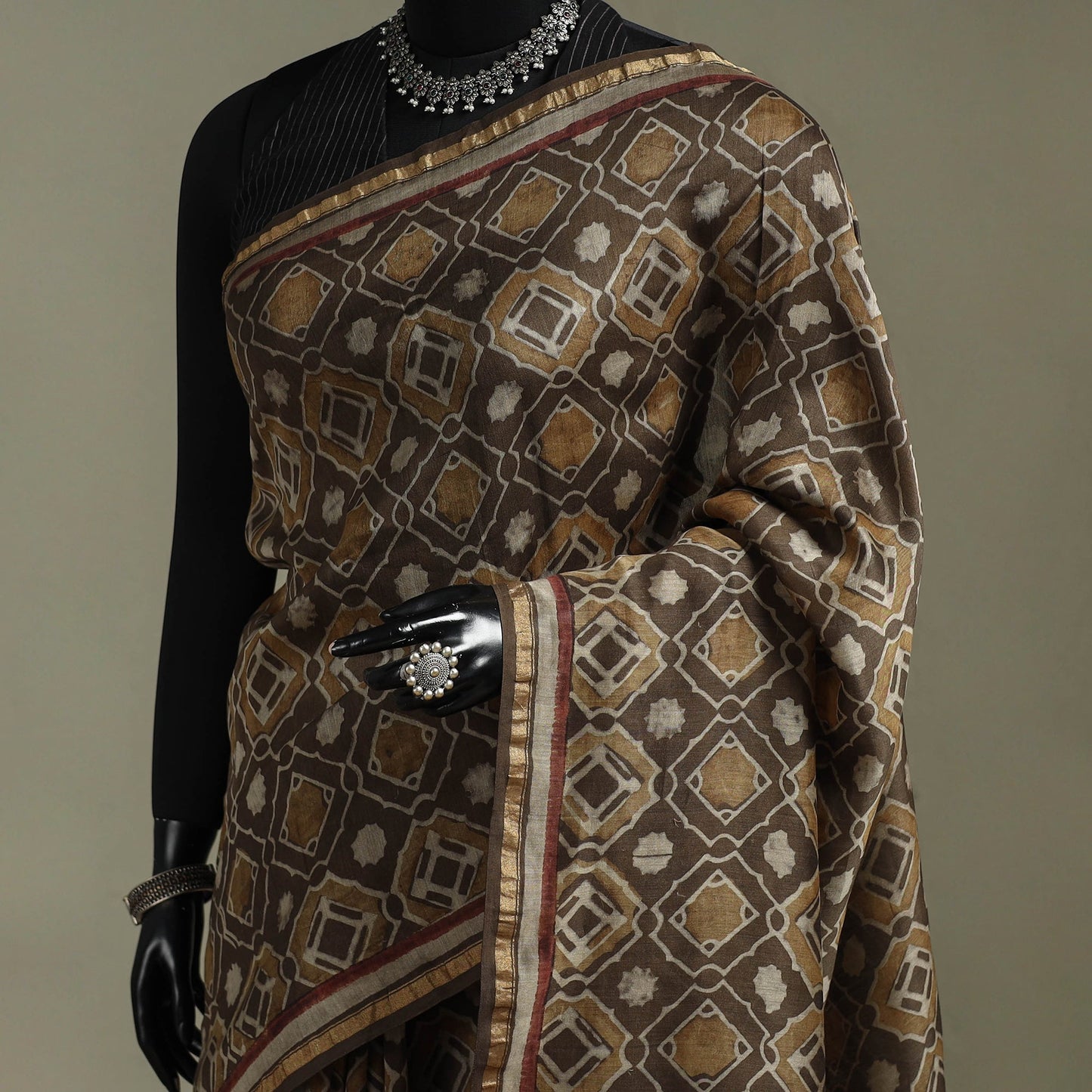 Hand block print natural dyed chanderi silk akola saree 15