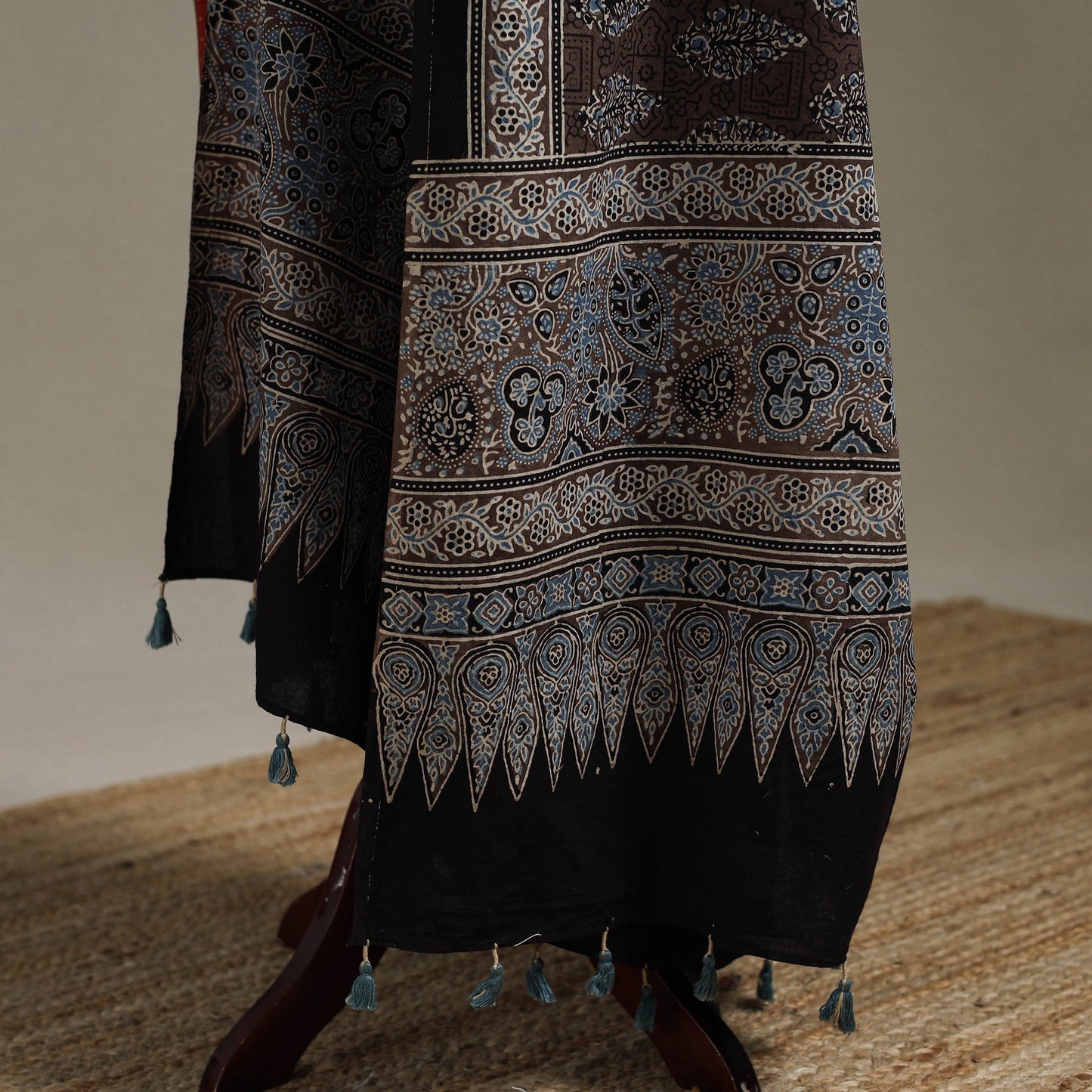 Hand natural dyed cotton dupatta with tassels 02