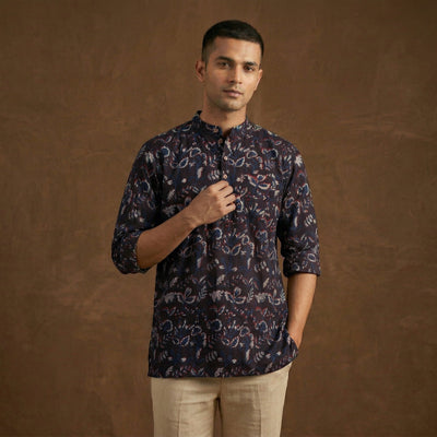 Hand block print natural dyed cotton short dabu bagru kurta