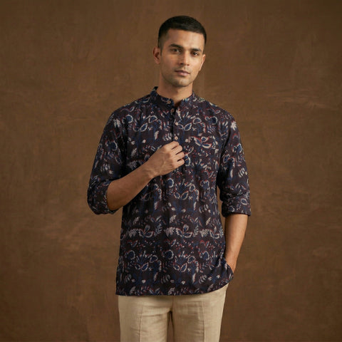 Hand block print natural dyed cotton short dabu bagru kurta