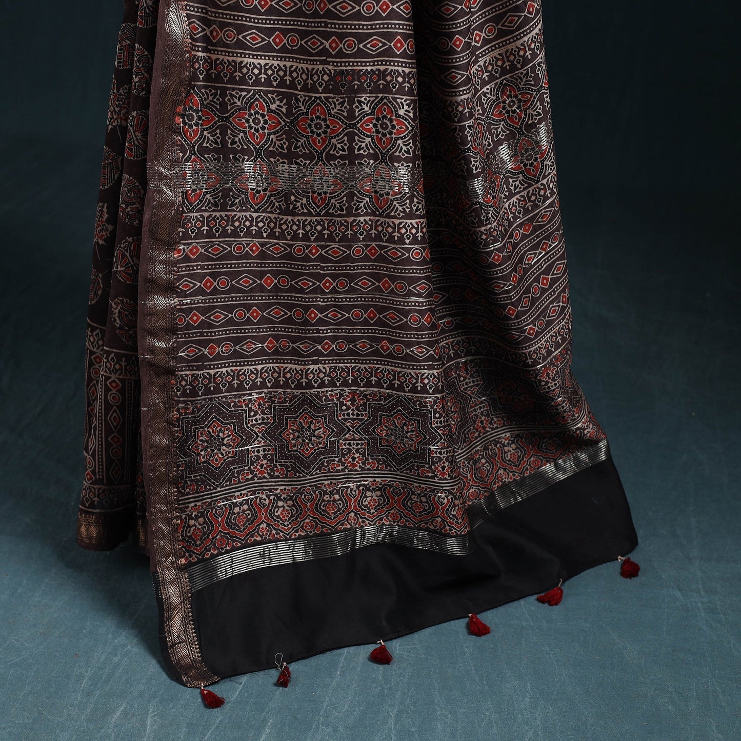 Hand block print natural dyed maheshwari silk ajrakh saree
