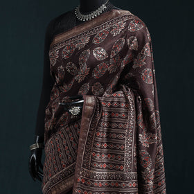 Hand block print natural dyed maheshwari silk ajrakh saree