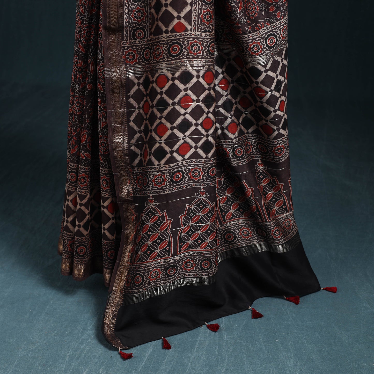 Hand block print natural dyed maheshwari silk ajrakh saree
