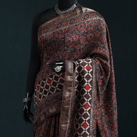 Hand block print natural dyed maheshwari silk ajrakh saree