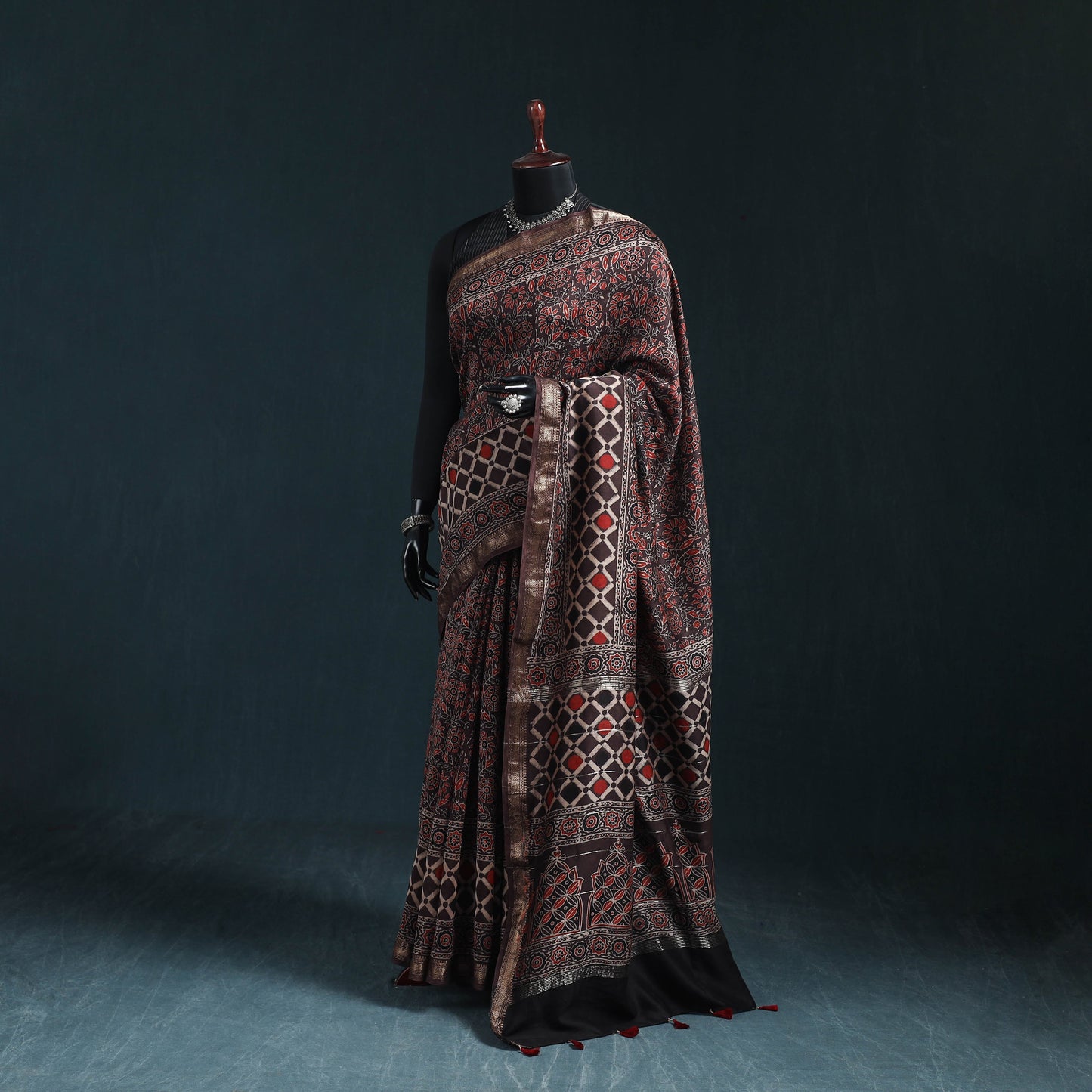 Hand block print natural dyed maheshwari silk ajrakh saree