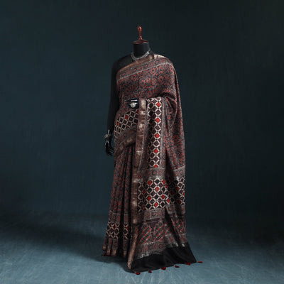 Hand block print natural dyed maheshwari silk ajrakh saree
