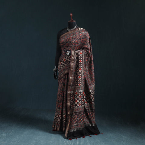 Hand block print natural dyed maheshwari silk ajrakh saree