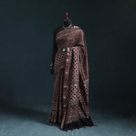 Hand block print natural dyed maheshwari silk ajrakh saree