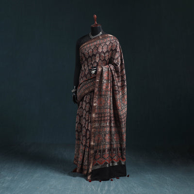 Hand block print natural dyed maheshwari silk ajrakh saree
