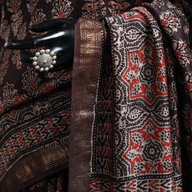 Hand block print natural dyed maheshwari silk ajrakh saree