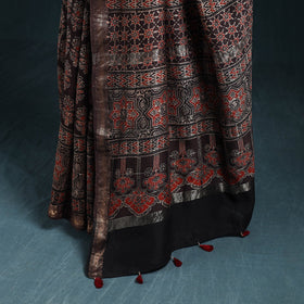 Hand block print natural dyed maheshwari silk ajrakh saree