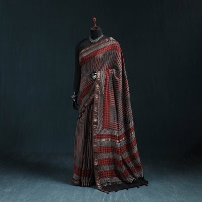 Hand block print natural dyed maheshwari silk ajrakh saree