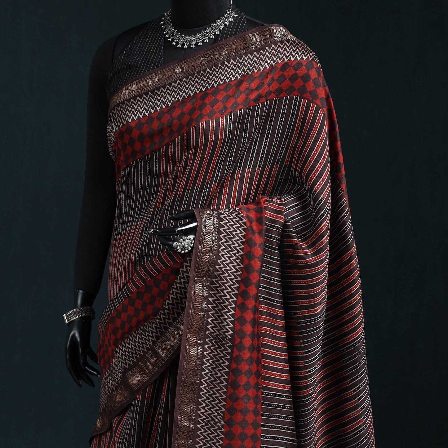 Hand block print natural dyed maheshwari silk ajrakh saree