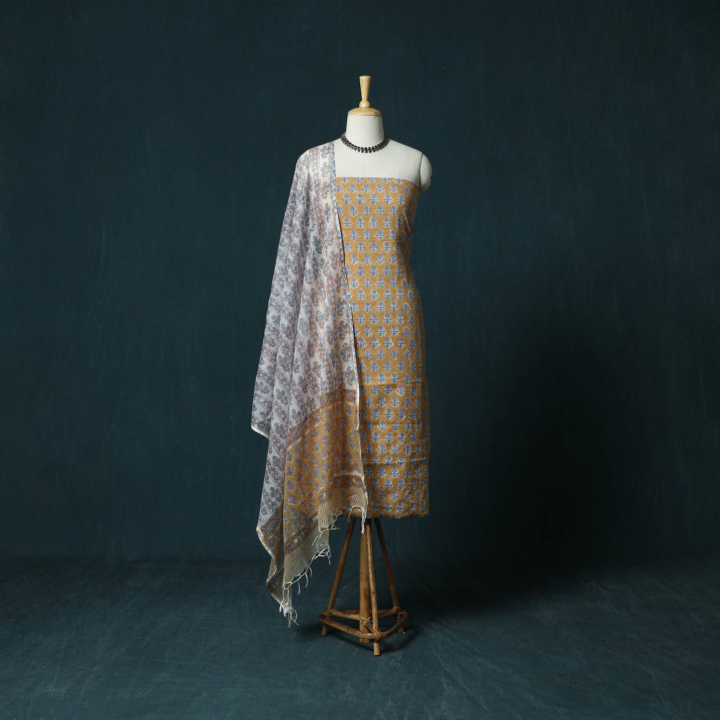 Hand block print sanganeri cotton 3pc unstitched dress