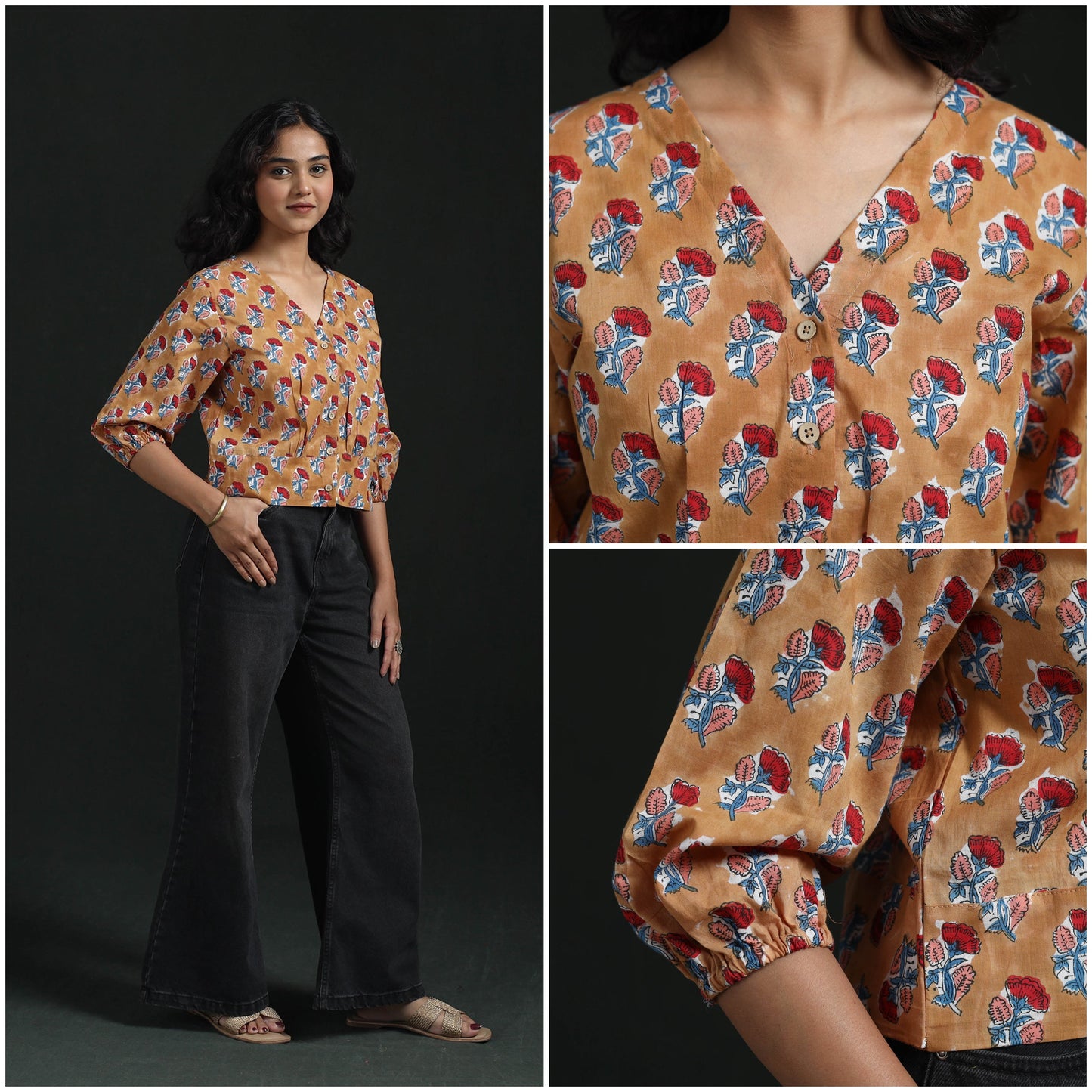 Hand block sanganeri print cotton floral crop top 03