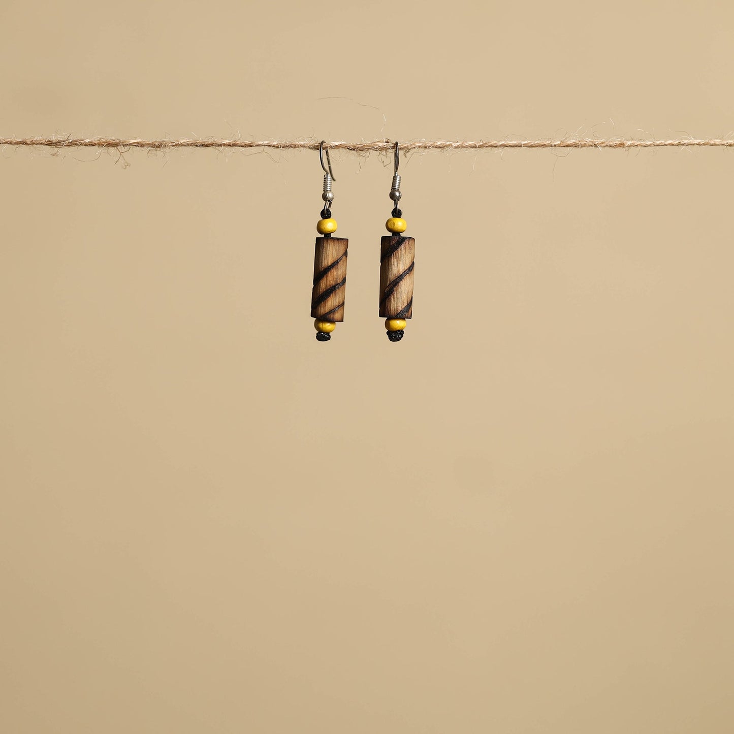 Brown - hand carved bamboo wooden earrings 03 - handcrafted