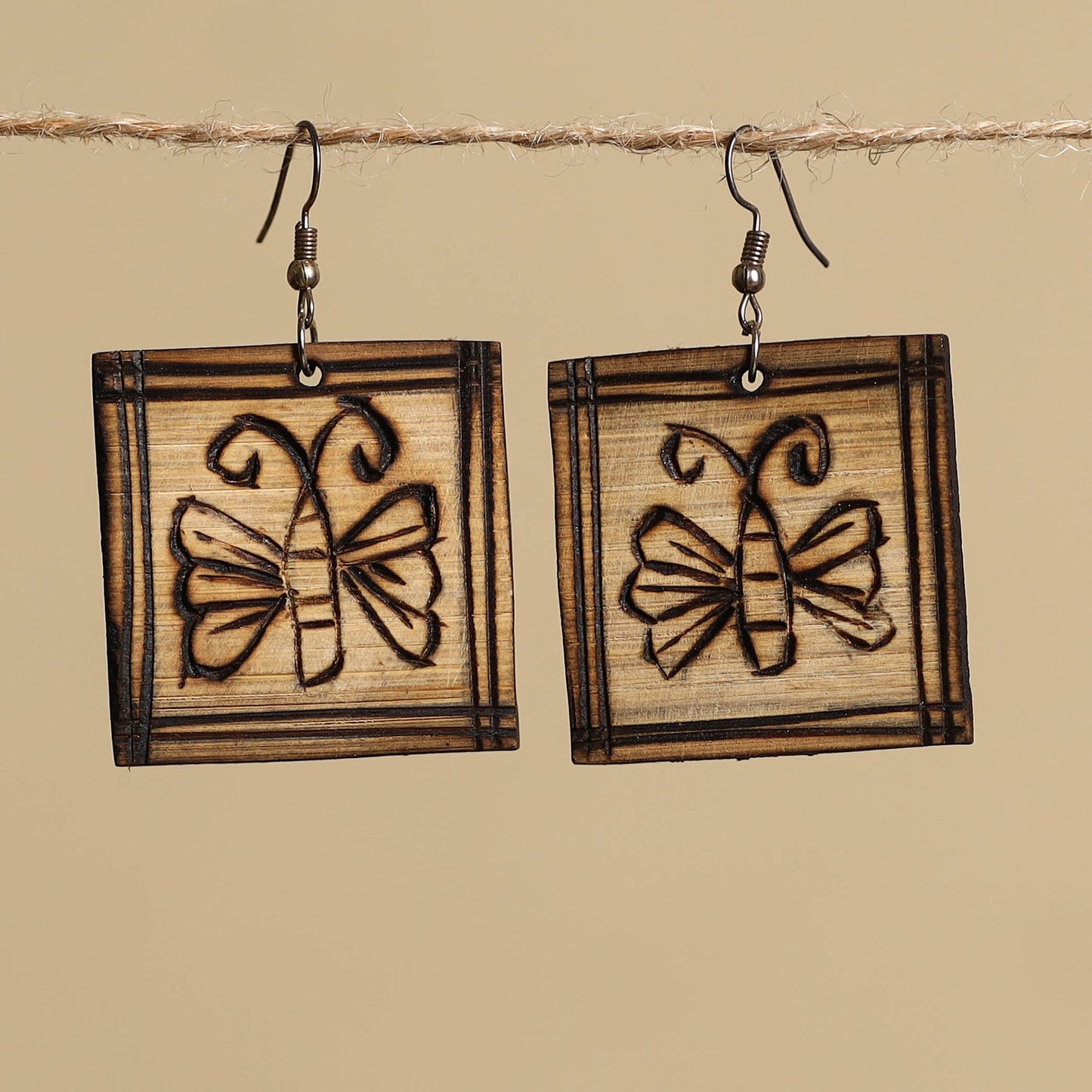 Brown - hand carved bamboo wooden earrings 09 - handcrafted