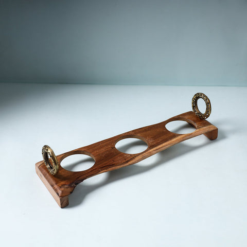 Handcarved Dokra Natural Mahogany Brown Wooden Glass Holder Tray