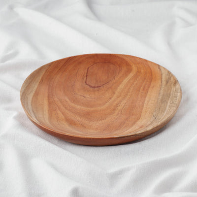 Handcarved Natural Neem Brown Wood Dinner Plate (8 in)