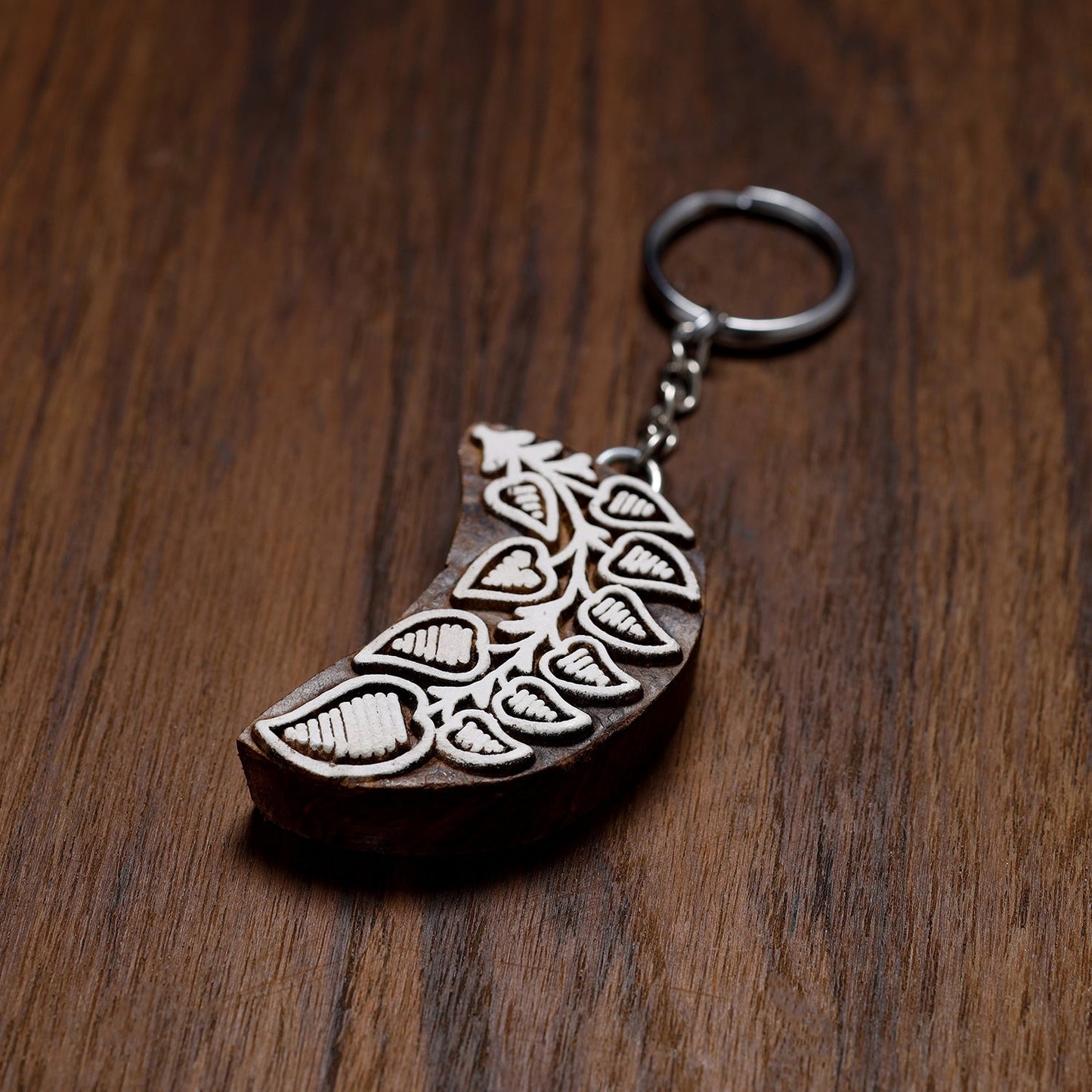 Brown Hand Carved Sheesham Wood Block Keychain 