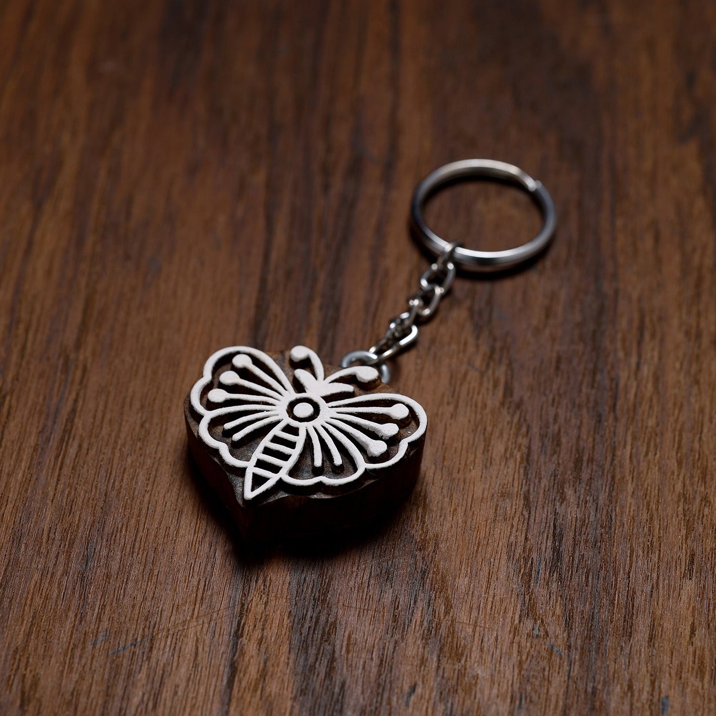 Brown Hand Carved Sheesham Wood Block Keychain 