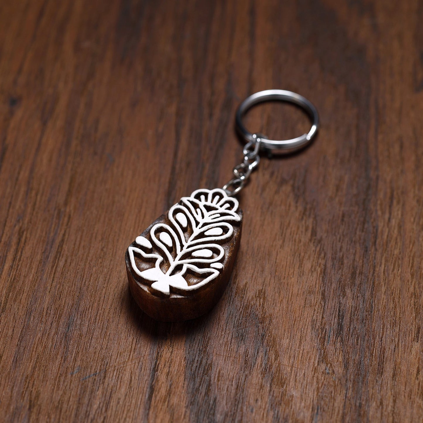Brown Hand Carved Sheesham Wood Block Keychain 