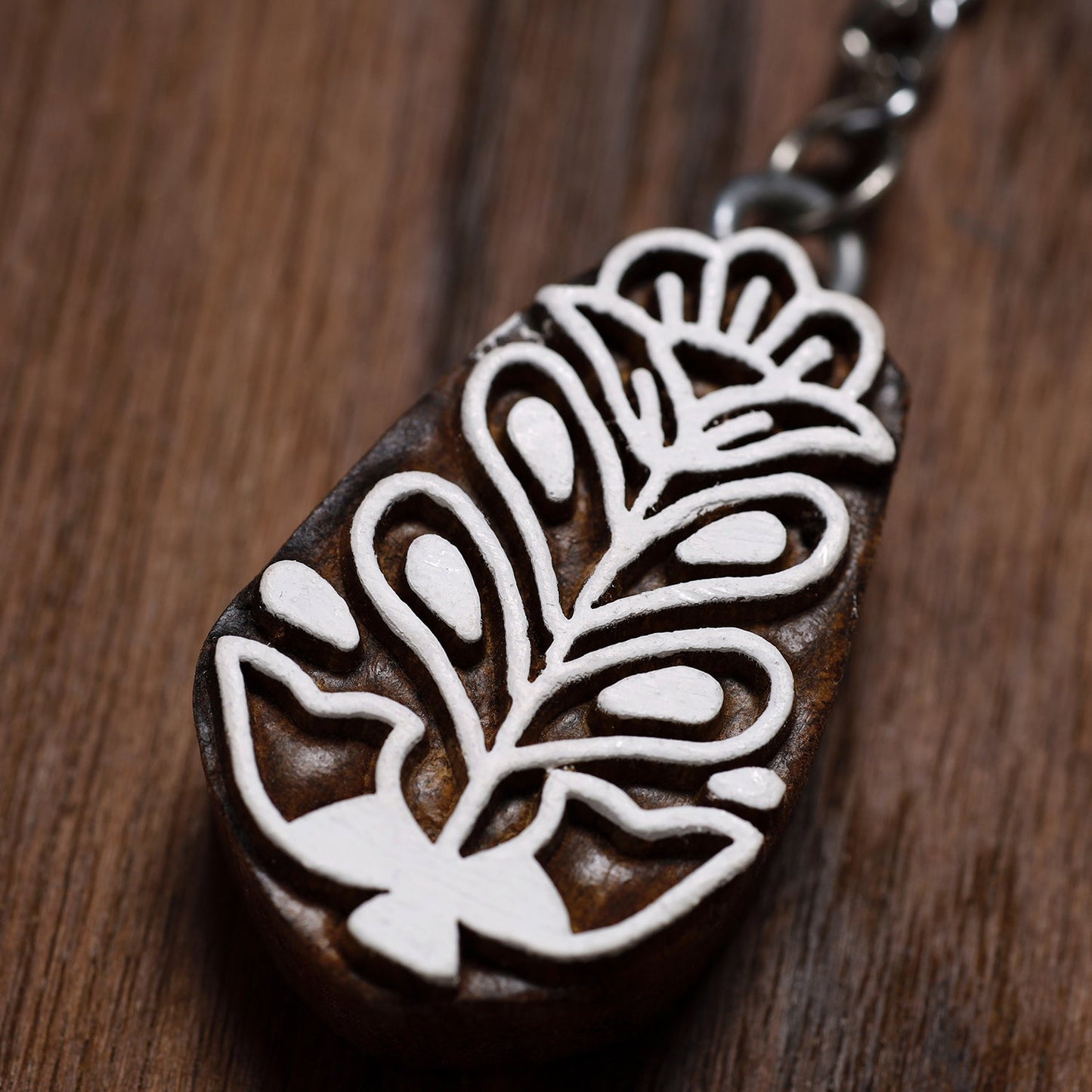Brown Hand Carved Sheesham Wood Block Keychain 