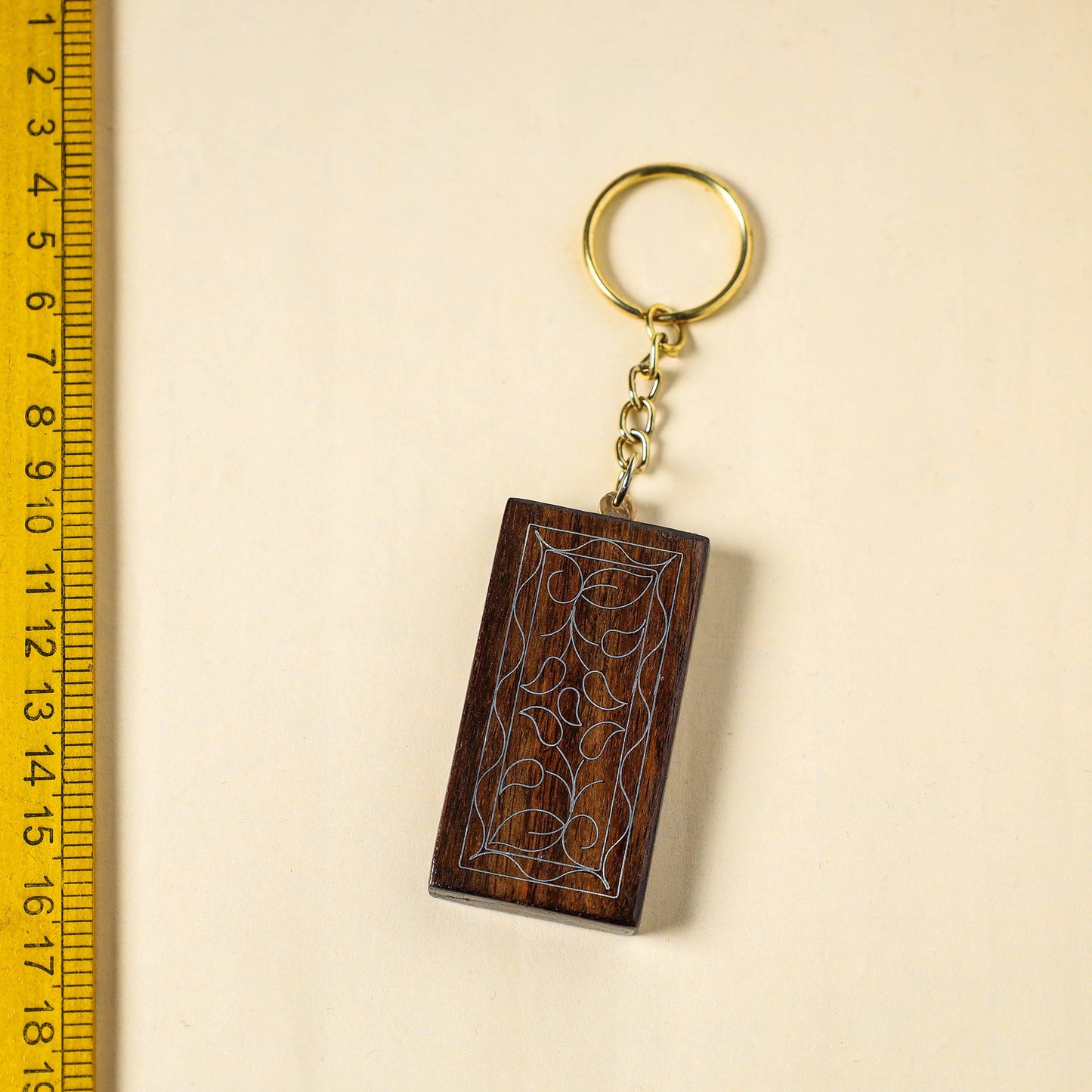Brown Hand Carved Tarkashi Inlay Rosewood Keychain 