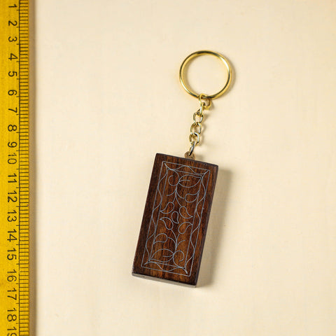 Brown Hand Carved Tarkashi Inlay Rosewood Keychain 