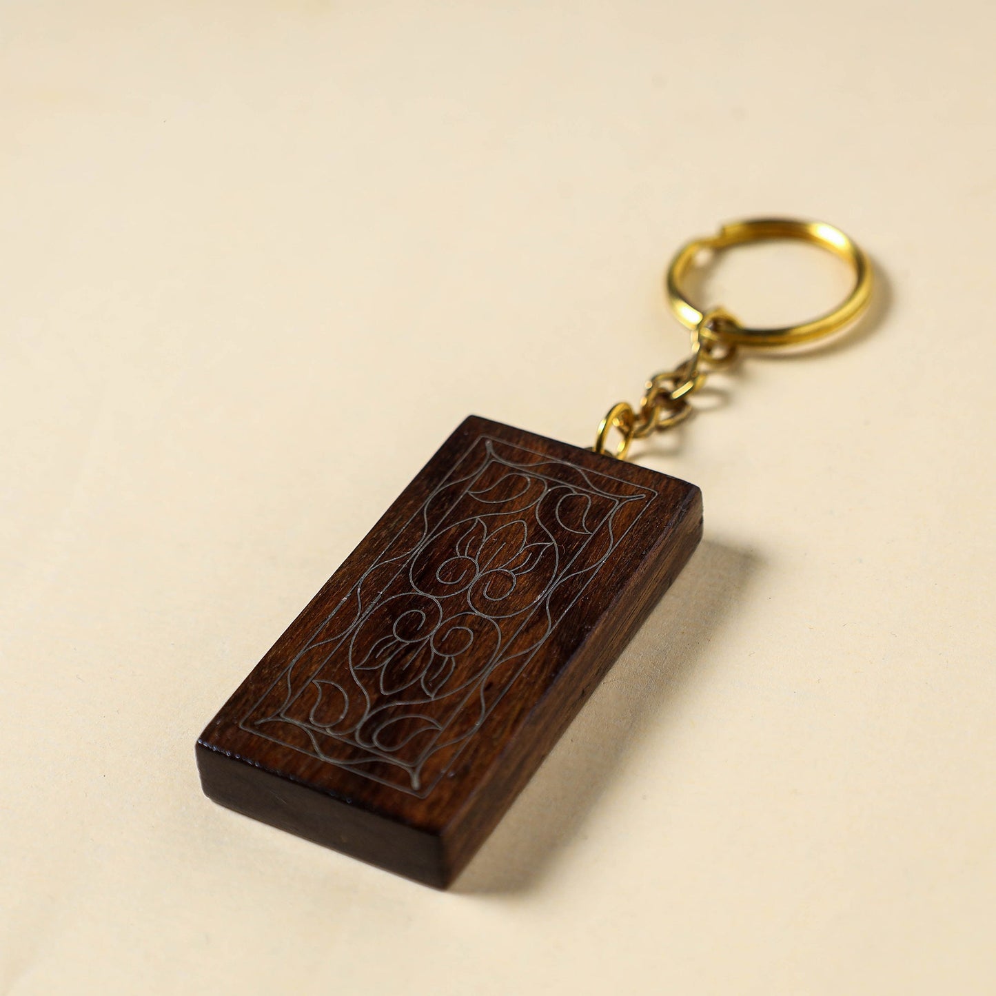 Brown Hand Carved Tarkashi Inlay Rosewood Keychain 