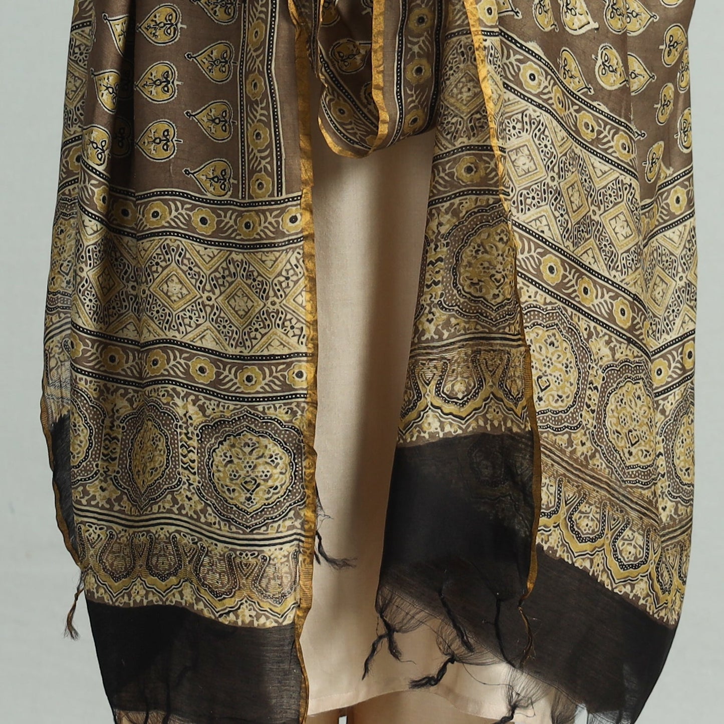 Brown - Hand Block Print Chanderi Silk Ajrakh Dupatta 151