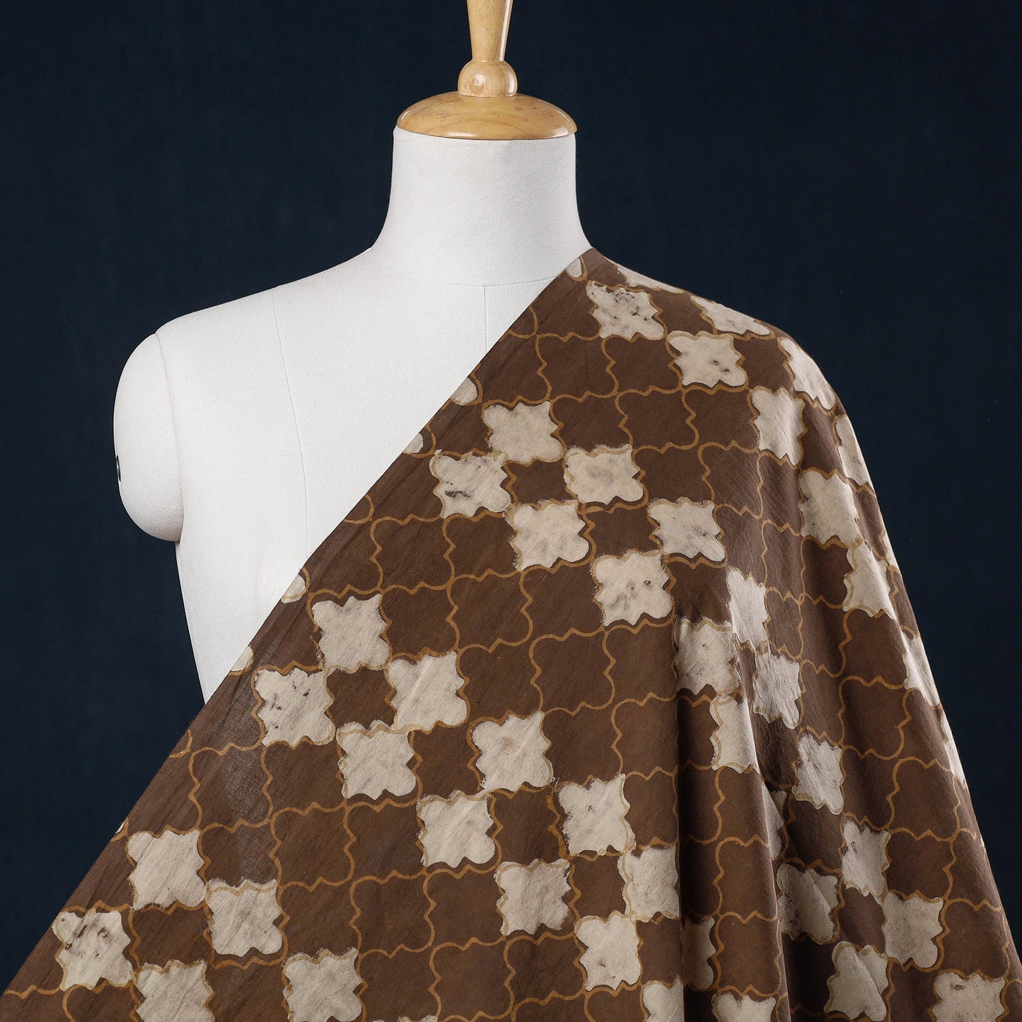 Brown Hand Block Print Checkered Design Cotton Akola Fabric