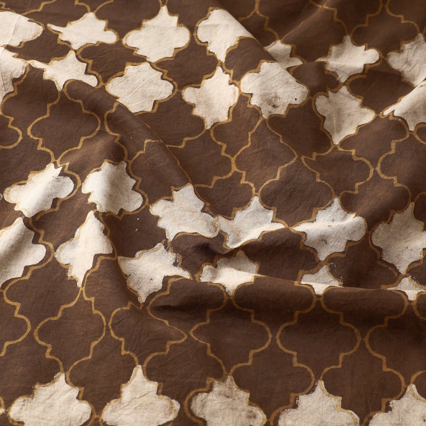 Brown Hand Block Print Checkered Design Cotton Akola Fabric